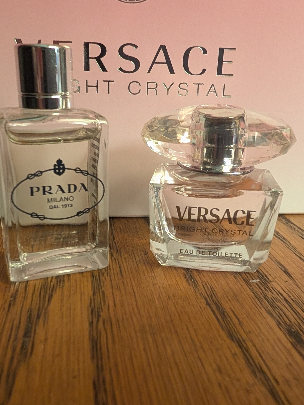 Versace Bright Crystal & Prada Mini Perfume Set — Clear Glass Bottles